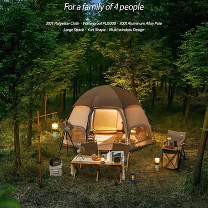 Octagonal multi-window ventilation mushroom-shaped camping tent with dark brown colour and multiple windows for excellent airflow