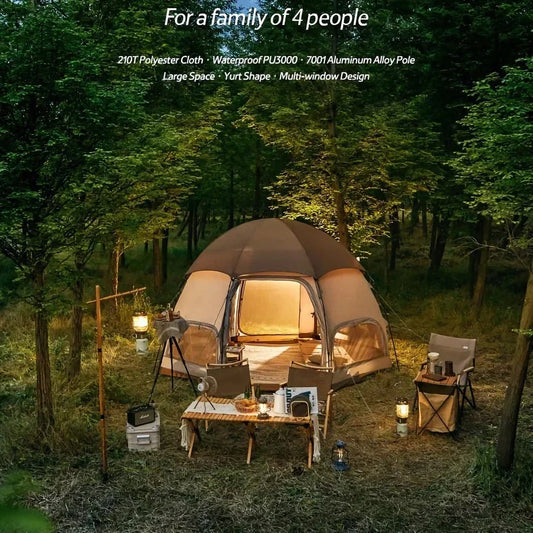 Octagonal multi-window ventilation mushroom-shaped camping tent with dark brown colour and multiple windows for excellent airflow