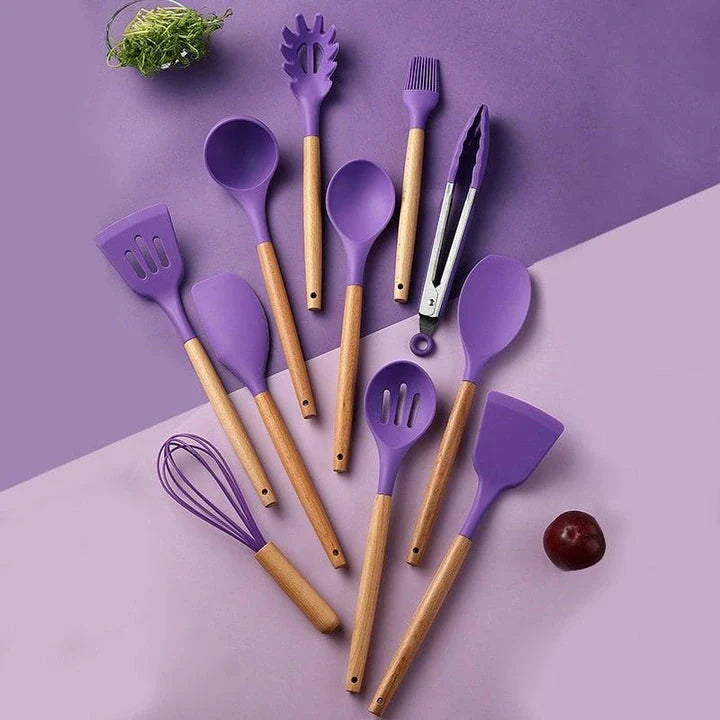Premium Non-Stick Silicone Kitchen Utensils Set with acacia wood handles