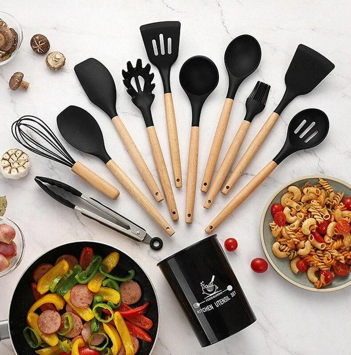 Premium Non-Stick Silicone Kitchen Utensils Set with acacia wood handles