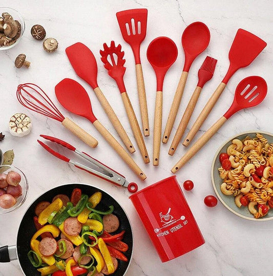 Premium Non-Stick Silicone Kitchen Utensils Set with acacia wood handles