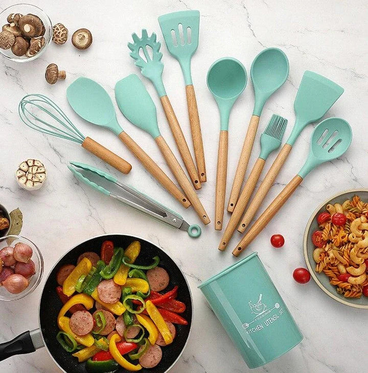 Premium Non-Stick Silicone Kitchen Utensils Set with acacia wood handles