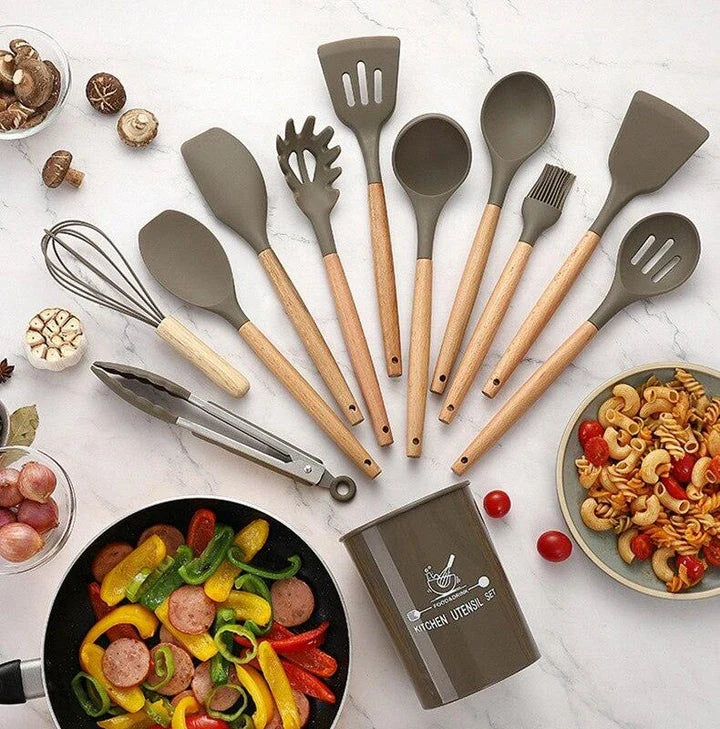 Premium Non-Stick Silicone Kitchen Utensils Set with acacia wood handles