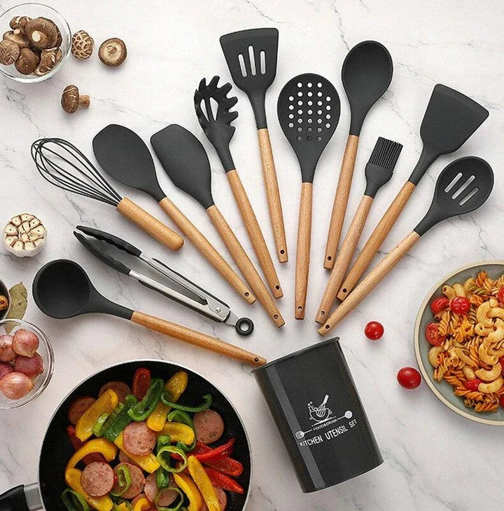 Premium Non-Stick Silicone Kitchen Utensils Set with acacia wood handles