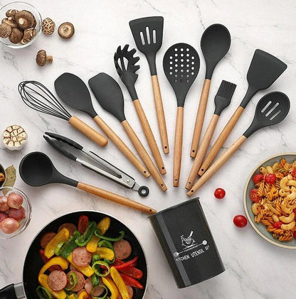 Premium Non-Stick Silicone Kitchen Utensils Set with acacia wood handles