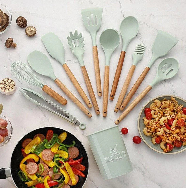 Premium Non-Stick Silicone Kitchen Utensils Set with acacia wood handles