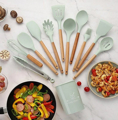 Premium Non-Stick Silicone Kitchen Utensils Set with acacia wood handles