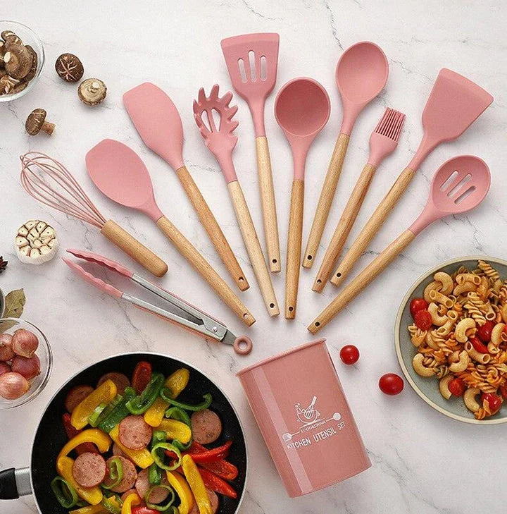 Premium Non-Stick Silicone Kitchen Utensils Set with acacia wood handles