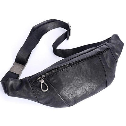 A premium black leather sports waist pack with multiple pockets and an adjustable strap for hands-free mobility and convenience.