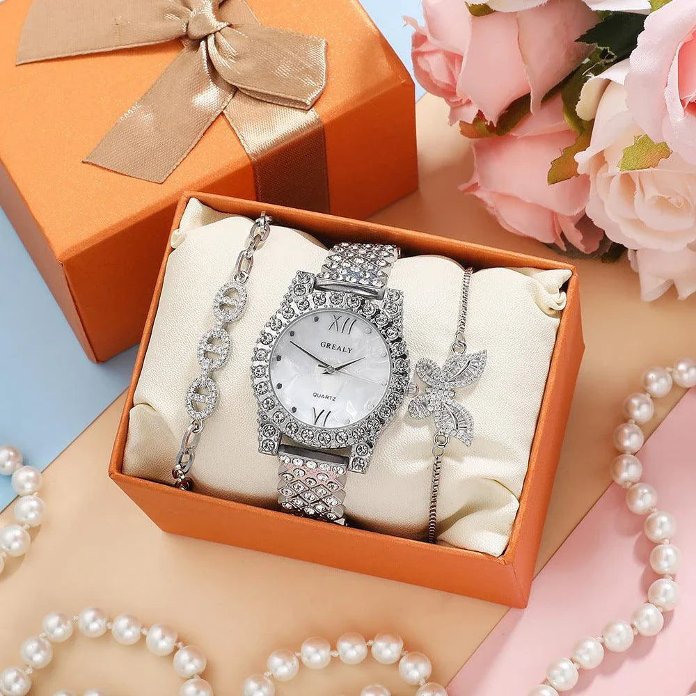 Elegant quartz watch with diamond butterfly design and zircon-encrusted bracelet