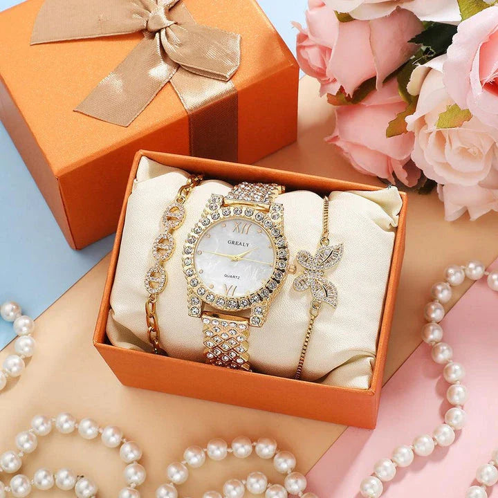 Elegant quartz watch with diamond butterfly design and zircon-encrusted bracelet