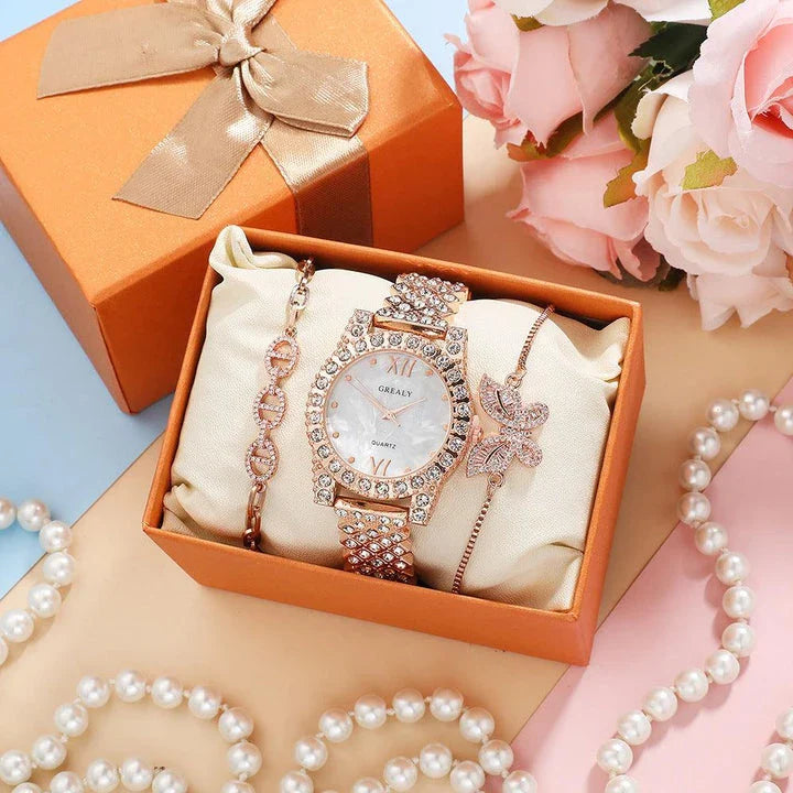 Elegant quartz watch with diamond butterfly design and zircon-encrusted bracelet