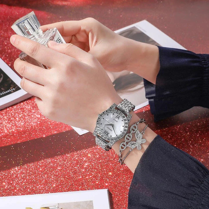 Elegant quartz watch with diamond butterfly design and zircon-encrusted bracelet