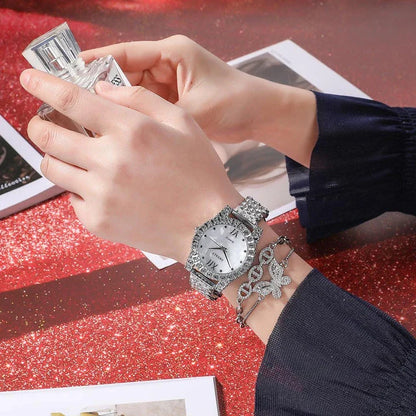 Elegant quartz watch with diamond butterfly design and zircon-encrusted bracelet