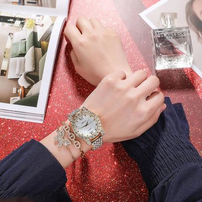 Elegant quartz watch with diamond butterfly design and zircon-encrusted bracelet