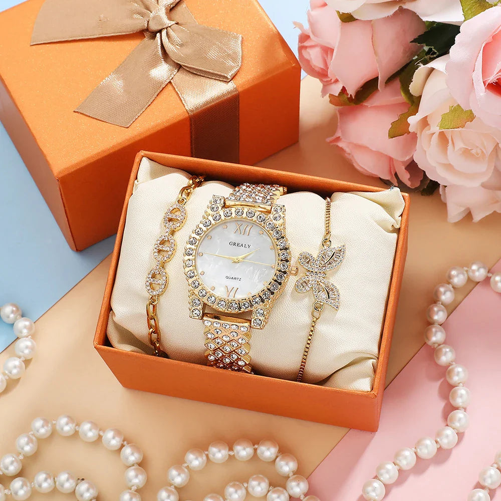Elegant quartz watch with diamond butterfly design and zircon-encrusted bracelet