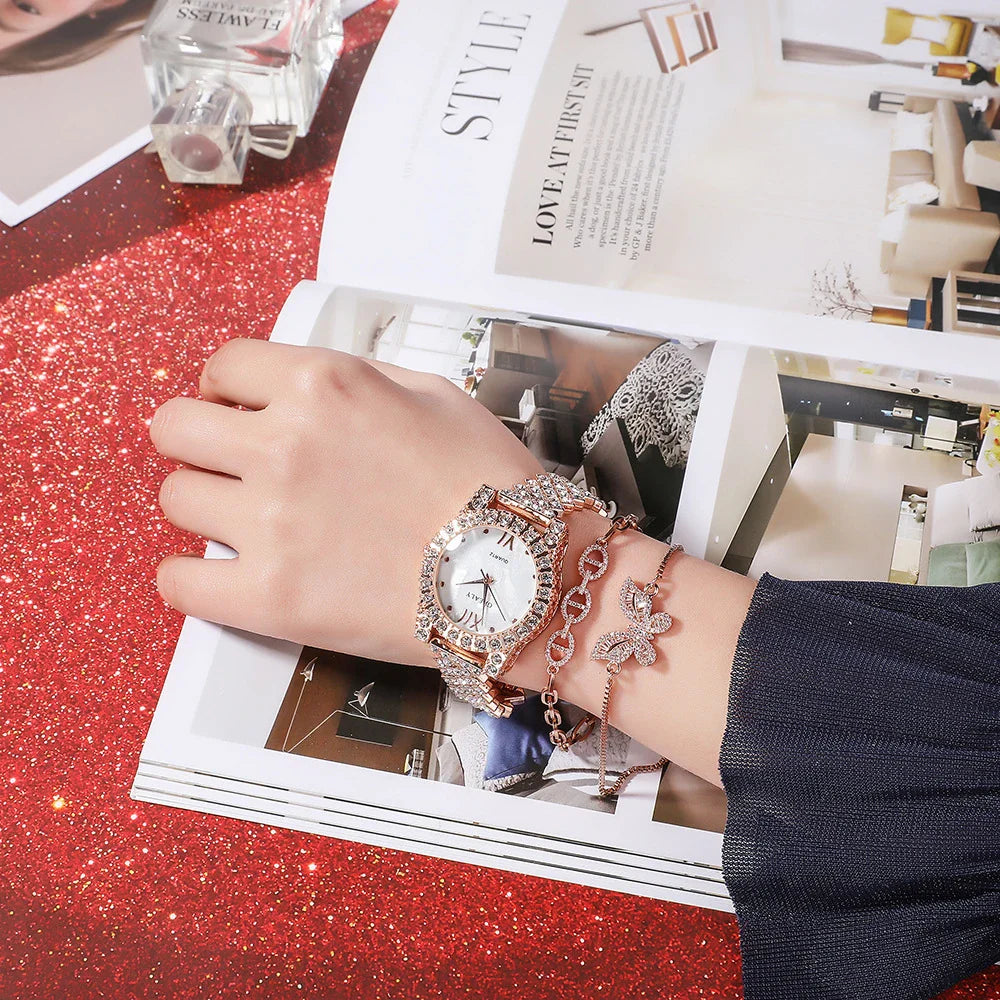 Elegant quartz watch with diamond butterfly design and zircon-encrusted bracelet