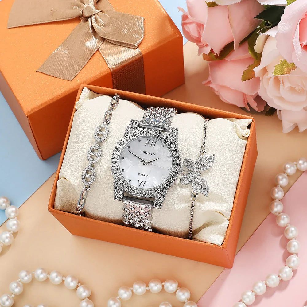 Elegant quartz watch with diamond butterfly design and zircon-encrusted bracelet