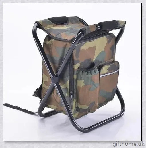 A versatile backpack with a cooler bag and a foldable chair, perfect for outdoor activities and adventures