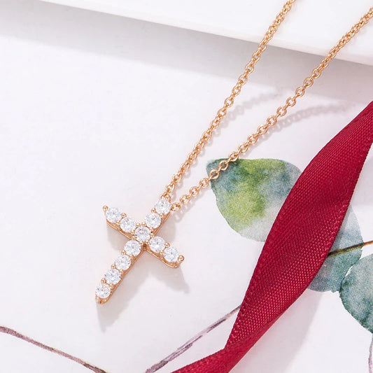 Elegant silver cross pendant necklace with inlaid diamonds in platinum or rose gold finish