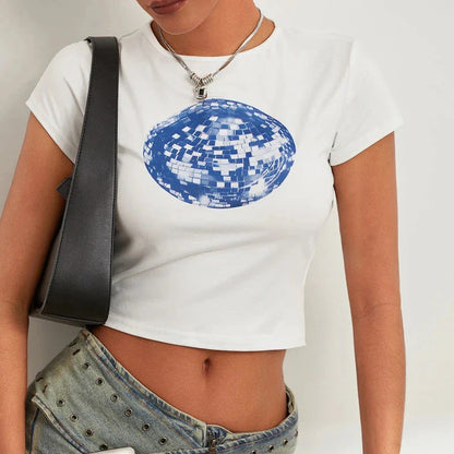 A vibrant t-shirt featuring a floral and disco ball print, perfect for summer festivals and casual outings.