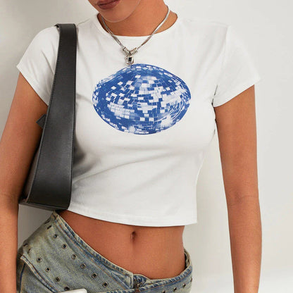A vibrant t-shirt featuring a floral and disco ball print, perfect for summer festivals and casual outings.