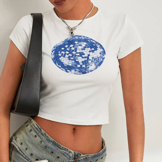 A vibrant t-shirt featuring a floral and disco ball print, perfect for summer festivals and casual outings.
