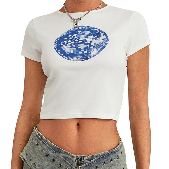 A vibrant t-shirt featuring a floral and disco ball print, perfect for summer festivals and casual outings.