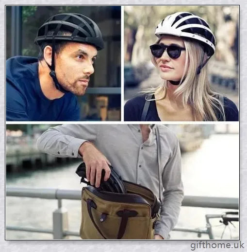 A foldable bicycle helmet made with durable materials and designed for urban commuting