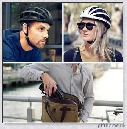 A foldable bicycle helmet made with durable materials and designed for urban commuting