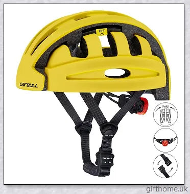 A foldable bicycle helmet made with durable materials and designed for urban commuting