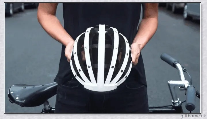 A foldable bicycle helmet made with durable materials and designed for urban commuting