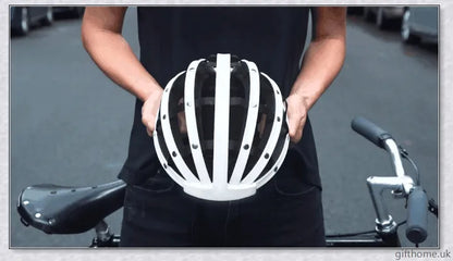 A foldable bicycle helmet made with durable materials and designed for urban commuting