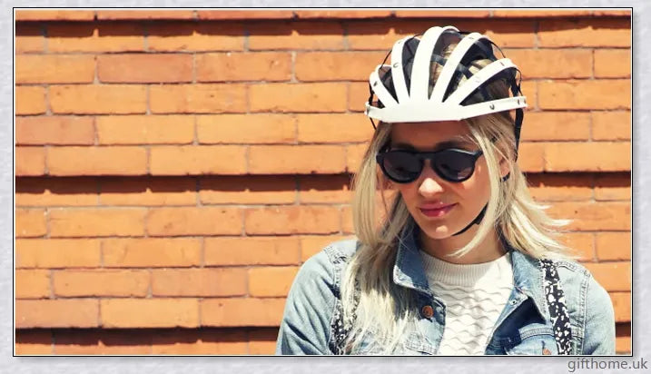 A foldable bicycle helmet made with durable materials and designed for urban commuting