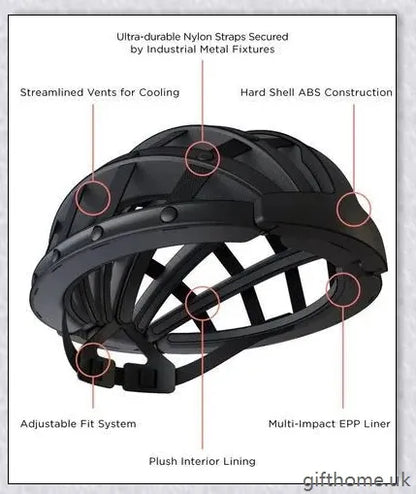 A foldable bicycle helmet made with durable materials and designed for urban commuting
