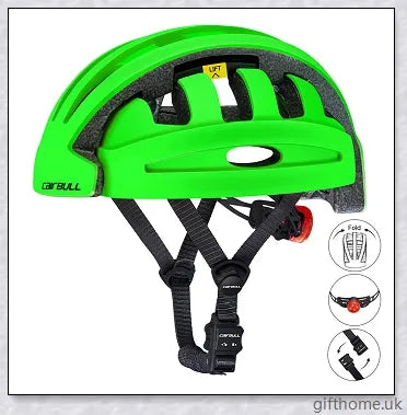 A foldable bicycle helmet made with durable materials and designed for urban commuting