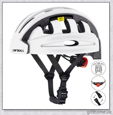 A foldable bicycle helmet made with durable materials and designed for urban commuting