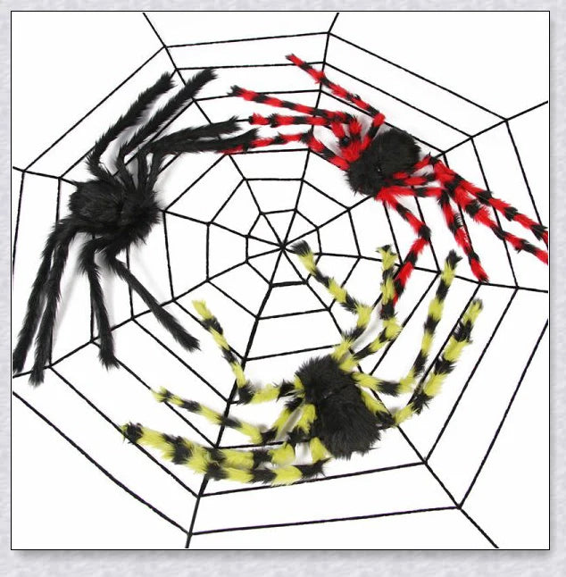 Massive black and white Halloween spider web decoration that stretches across large areas, creating a haunting atmosphere