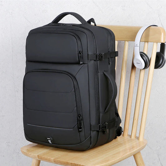 A sleek and versatile travel backpack with multiple compartments and an expandable design, perfect for fashion-conscious students.