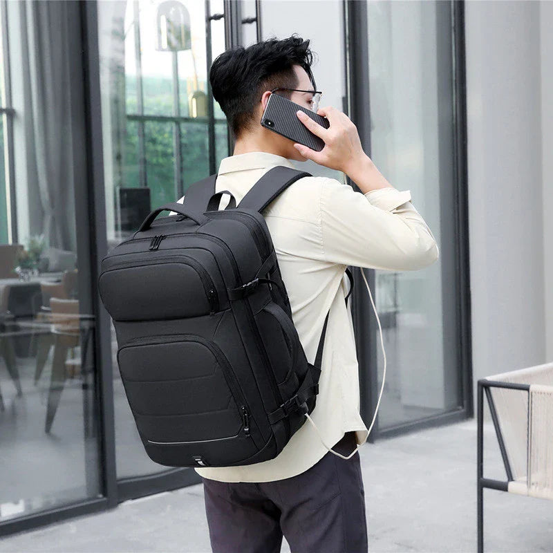 A sleek and versatile travel backpack with multiple compartments and an expandable design, perfect for fashion-conscious students.