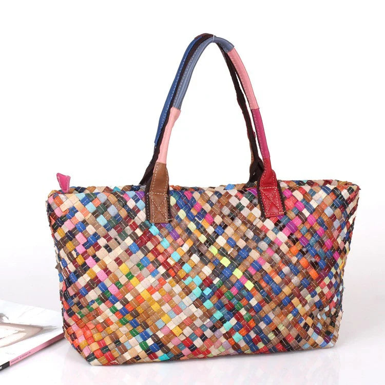 Stylish hand-woven shoulder bag in a colourful stripe pattern, made from premium cowhide leather for exceptional quality and durability.