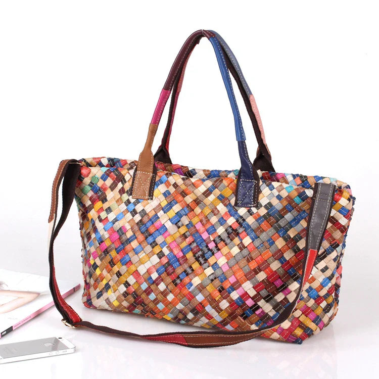 Stylish hand-woven shoulder bag in a colourful stripe pattern, made from premium cowhide leather for exceptional quality and durability.