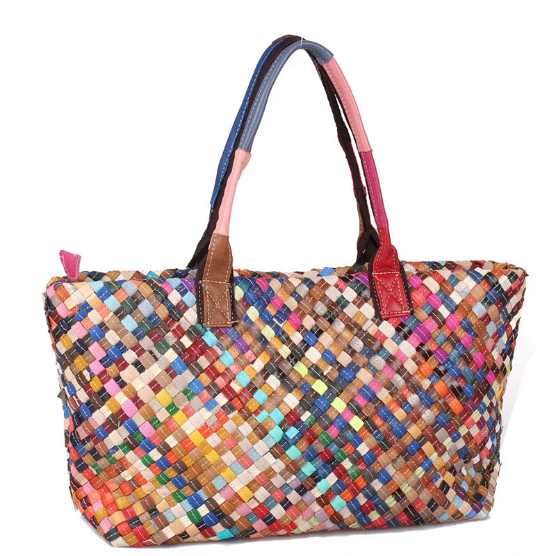 Stylish hand-woven shoulder bag in a colourful stripe pattern, made from premium cowhide leather for exceptional quality and durability.