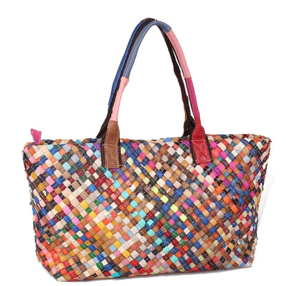 Stylish hand-woven shoulder bag in a colourful stripe pattern, made from premium cowhide leather for exceptional quality and durability.