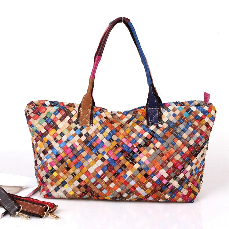 Stylish hand-woven shoulder bag in a colourful stripe pattern, made from premium cowhide leather for exceptional quality and durability.