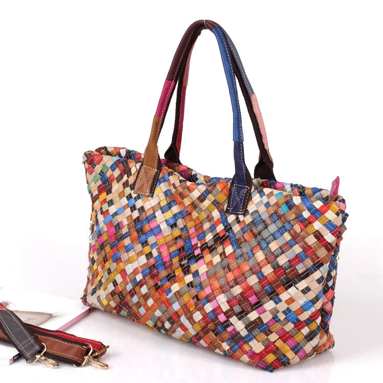 Stylish hand-woven shoulder bag in a colourful stripe pattern, made from premium cowhide leather for exceptional quality and durability.