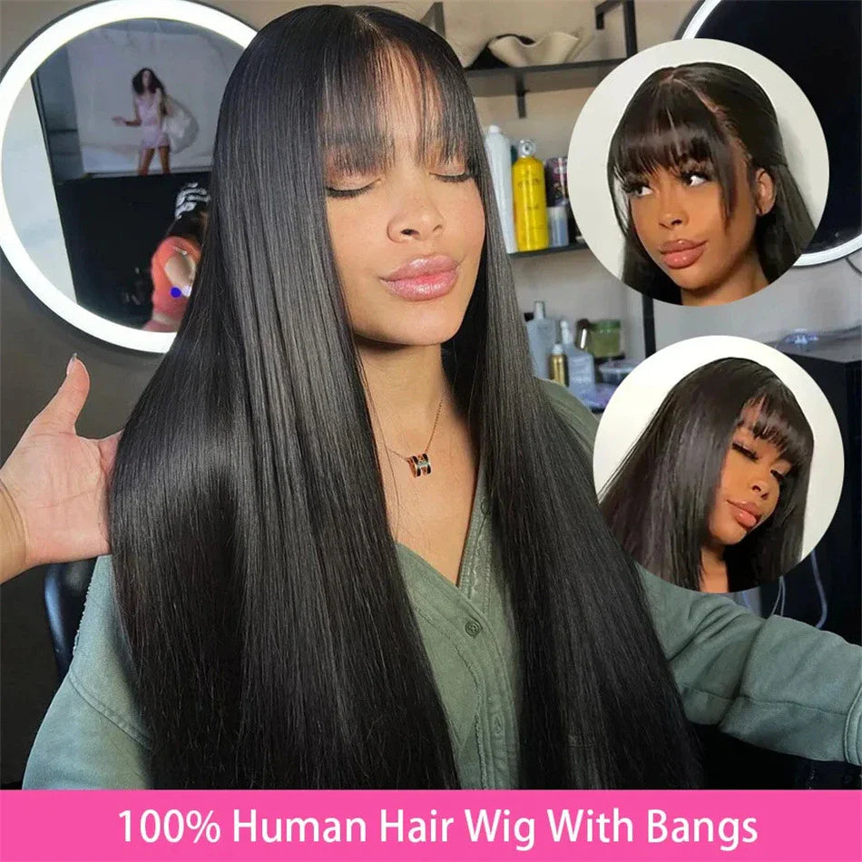 Premium human hair wig with full mechanism headgear for a natural-looking, versatile fringe