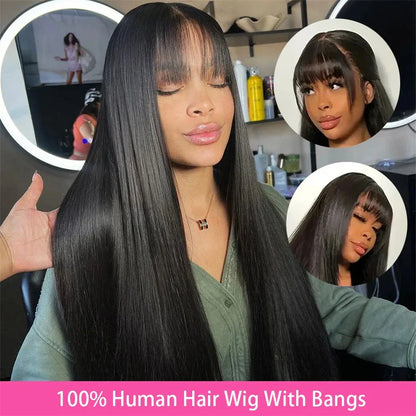 Premium human hair wig with full mechanism headgear for a natural-looking, versatile fringe