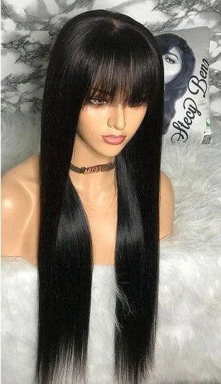 Premium human hair wig with full mechanism headgear for a natural-looking, versatile fringe
