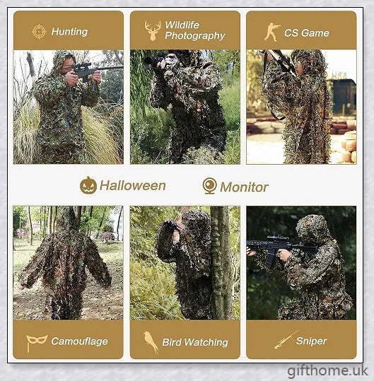Ghillie Camouflage Camo Suit with 3D leaf pattern for seamless blending in natural environments